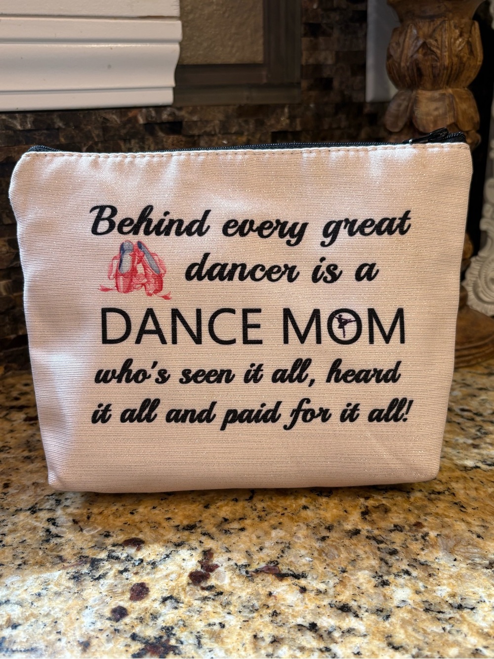Dance Mom Cosmetic Bag NWOT Glittery Beige with Black Lettering Dance Gift
